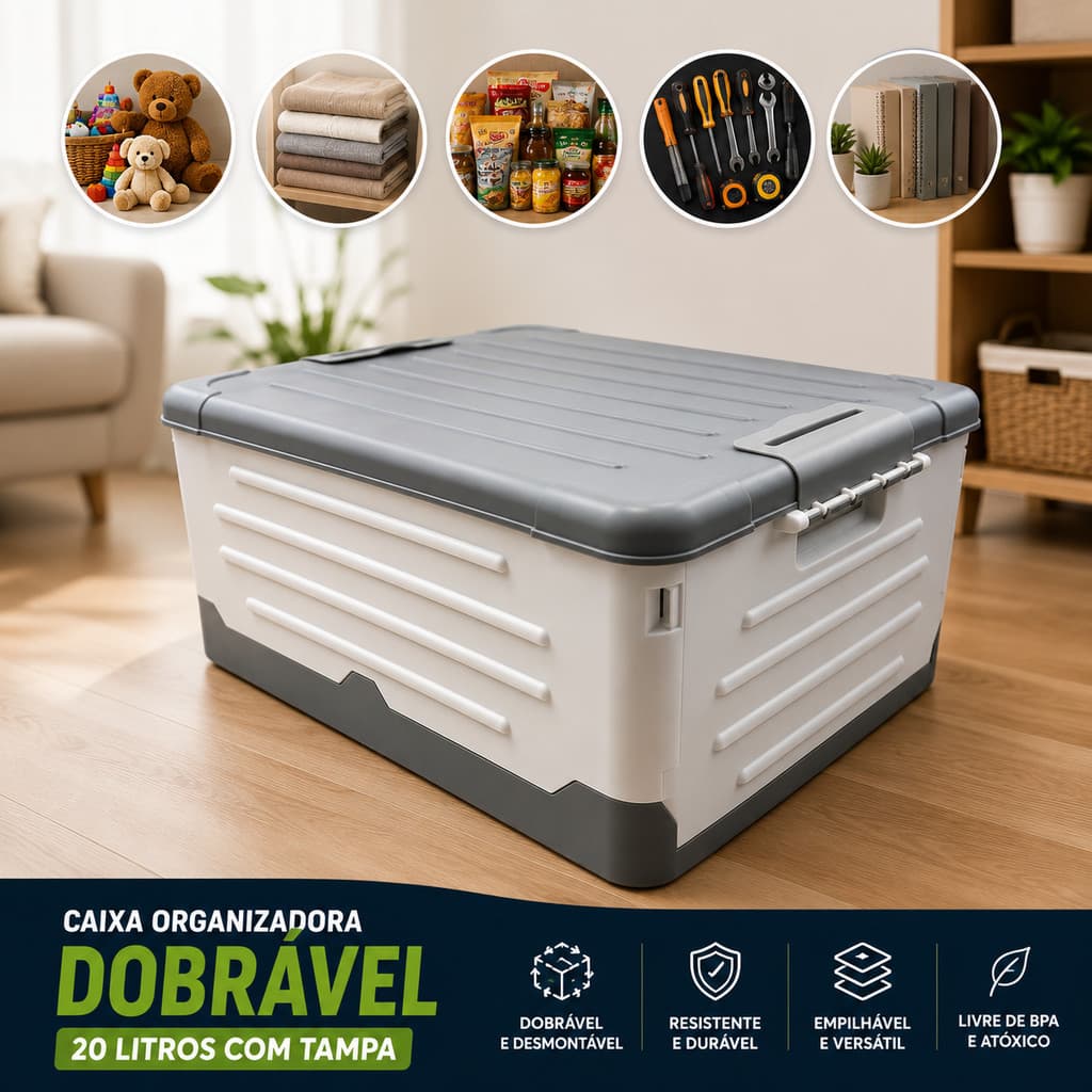 Caixa Organizadora Dobrável 20L Com Tampa Plástica Desmontável Multiuso Porta Malas Armazenamento