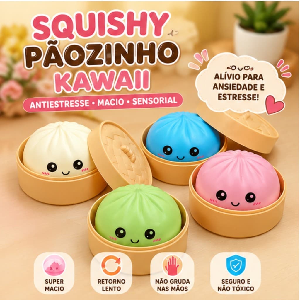 Squishy Dumpling Pãozinho Kawaii Antiestresse Macio em TPR Brinquedo Sensorial Fidget Toy para crianças e adultos