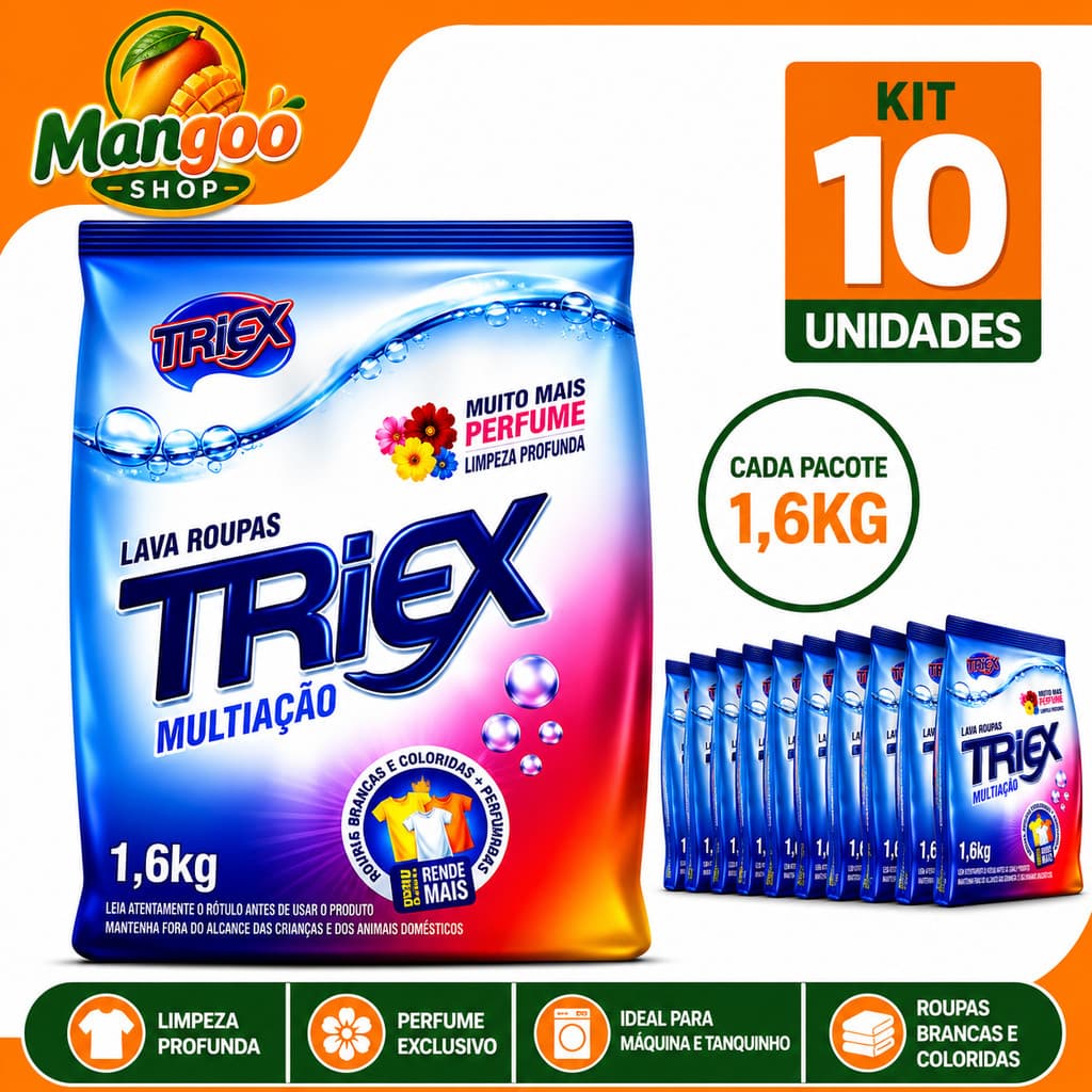 Sabão em Pó Triex Multiação 1,6kg Kit 10 Unidades Limpeza Profunda Perfume Duradouro