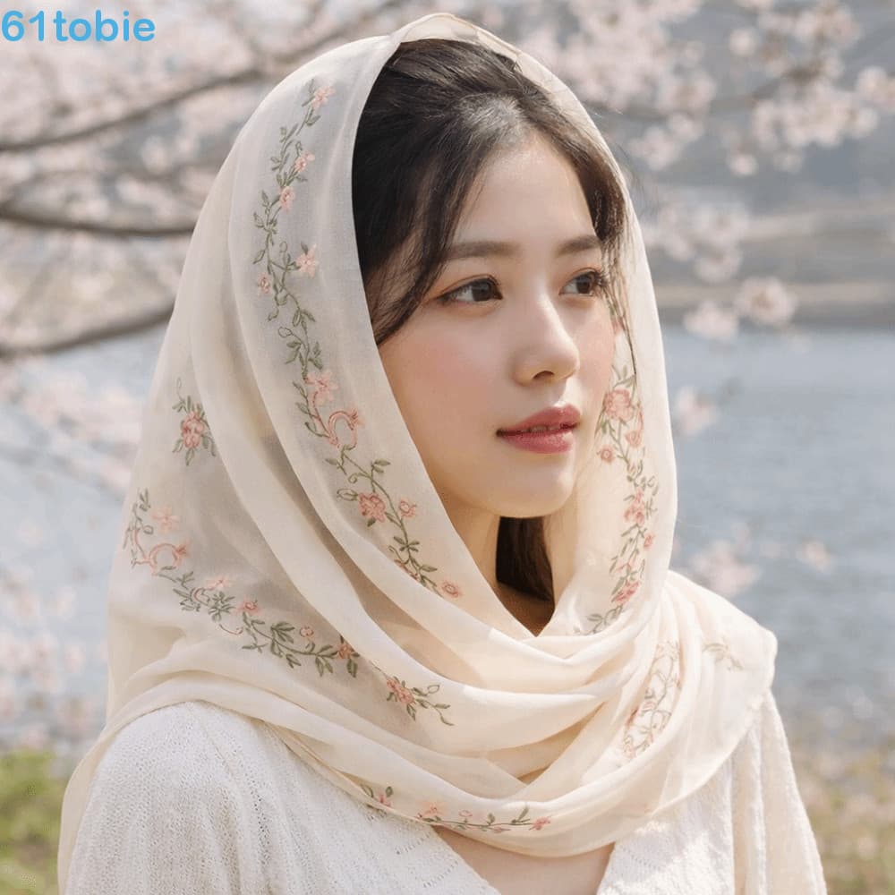 TOBIE Lenço Floral , Longo Fino De Malha De Cor Sólida , Xale De Flor Bordado Estilo Étnico Doce Feminino