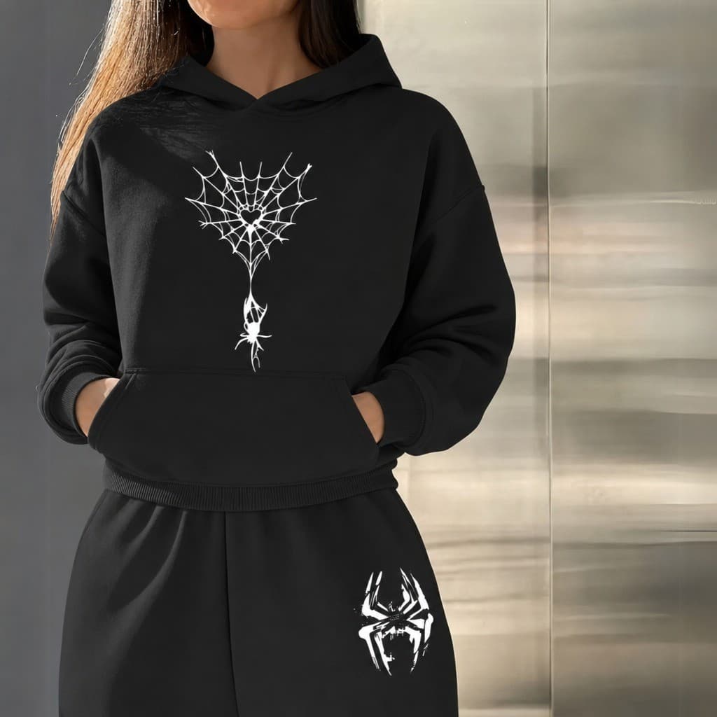 Conjunto Blusa De Frio Moletom Canguru com Coração Aranha Capuz e Calça Casual Estilo Streetwear