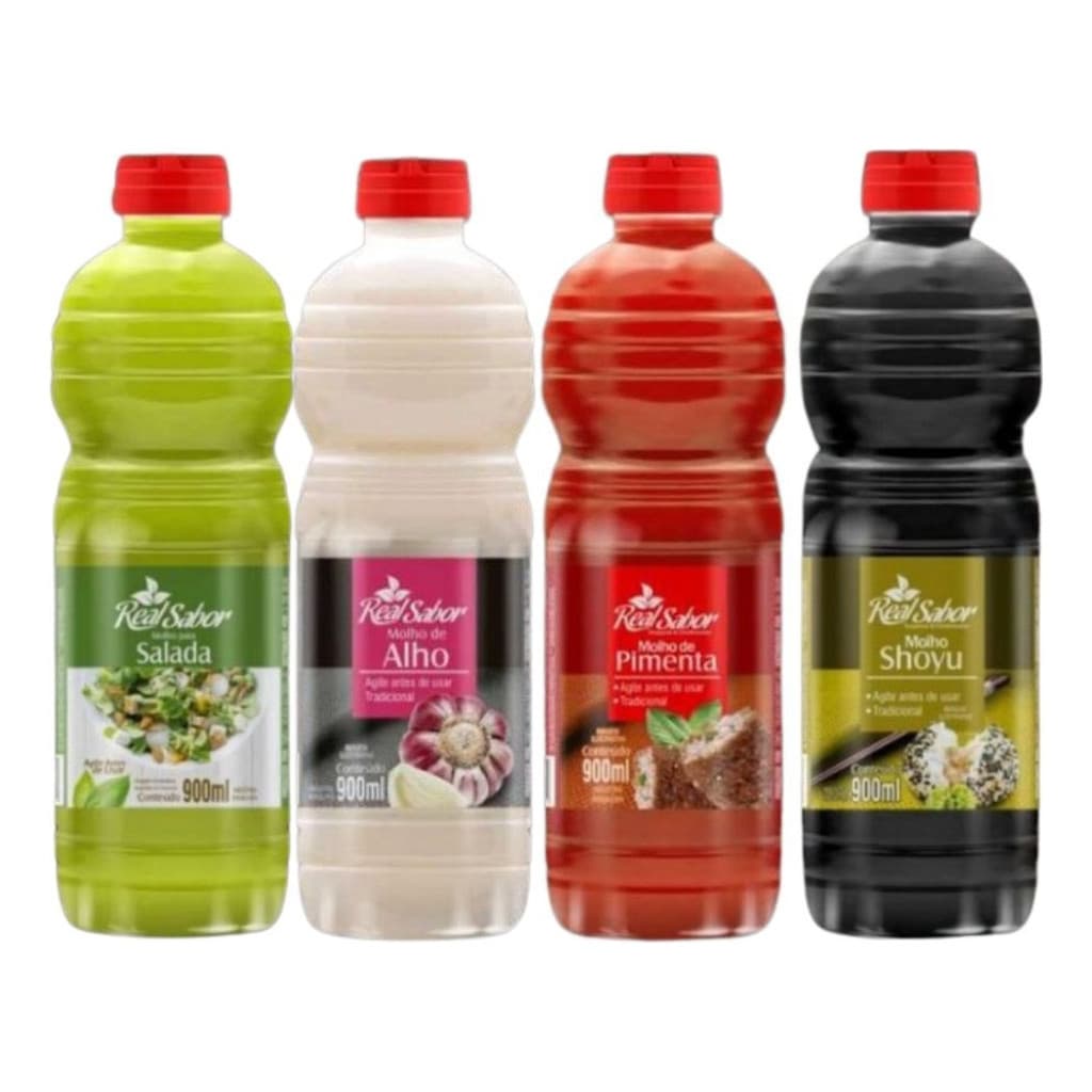 Kit Com 4 Molhos Real Sabor 900ml Pimenta Alho Salada Shoyu