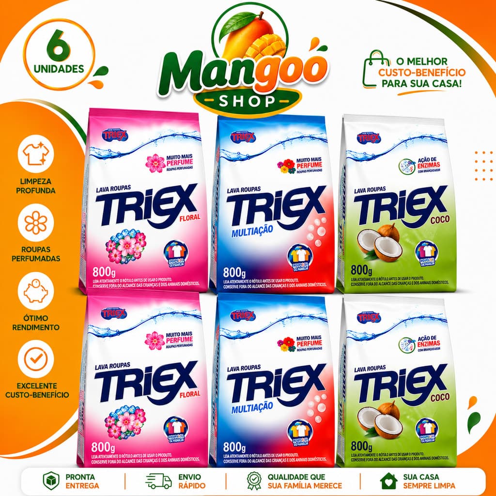 Kit Sabão em Pó TRIEX 4,8kg – 6 Pacotes de 800g Multiação Coco e Flowers