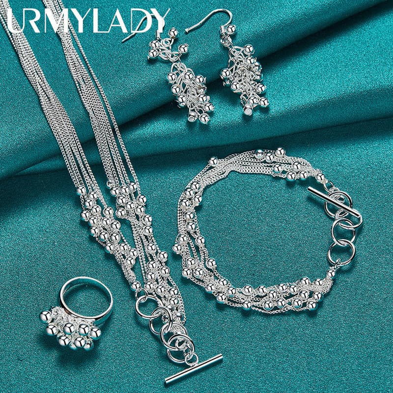 URMYLADY Conjunto de Joias em Prata Esterlina 925 com Pérolas em Forma de Uva, Colar, Pulseira, Brincos e Anel para Casa