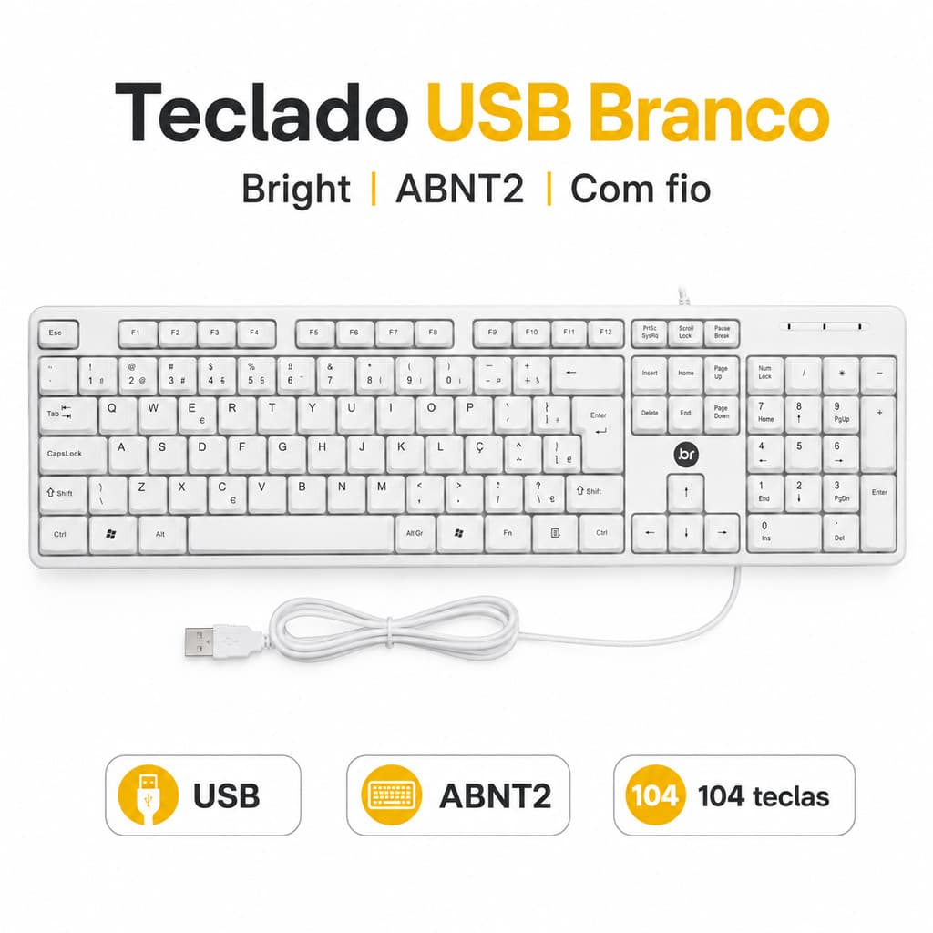 Teclado Básico Branco USB Bright TC002 ABNT2 104 Teclas Com Fio