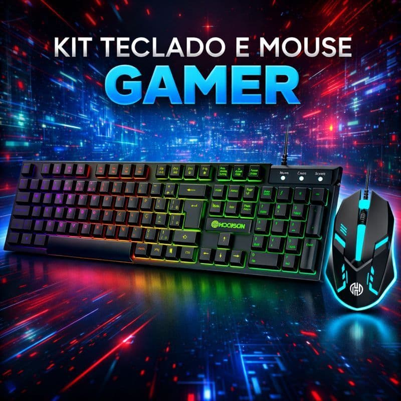 Teclado e Mouse Kit Gamer semi mecanico RGB LED USB ABNT2 Profissional para PC Notebook