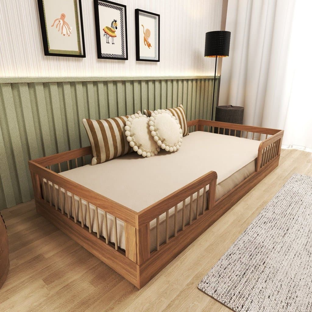 Cama Infantil Montessoriana Solteiro com Grades em Pinus Lume Marrom/Carvalho Mel Carvalho Mel