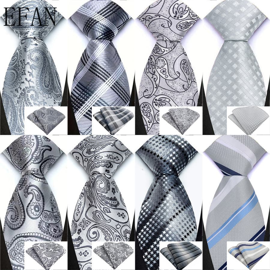 Prata Cinza Paisley Listras Florais Sólidas Gravatas Masculinas Acessórios De Casamento Conjunto De Gravata De Pescoço L