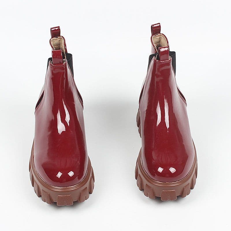 Botas curtas novo estilo primavera outono plataforma de couro patente botas Ding de sola grossa botas borgonha brilhante