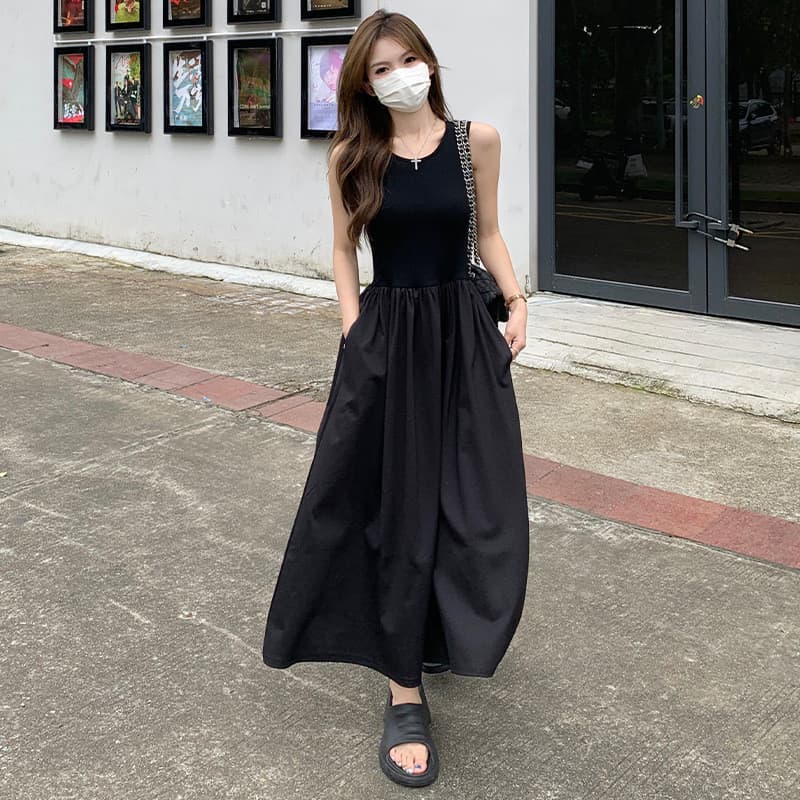 [Entrega no mesmo dia] Saia longa preta sem mangas estilo Hepburn vestido de verão francês de alta qualidade