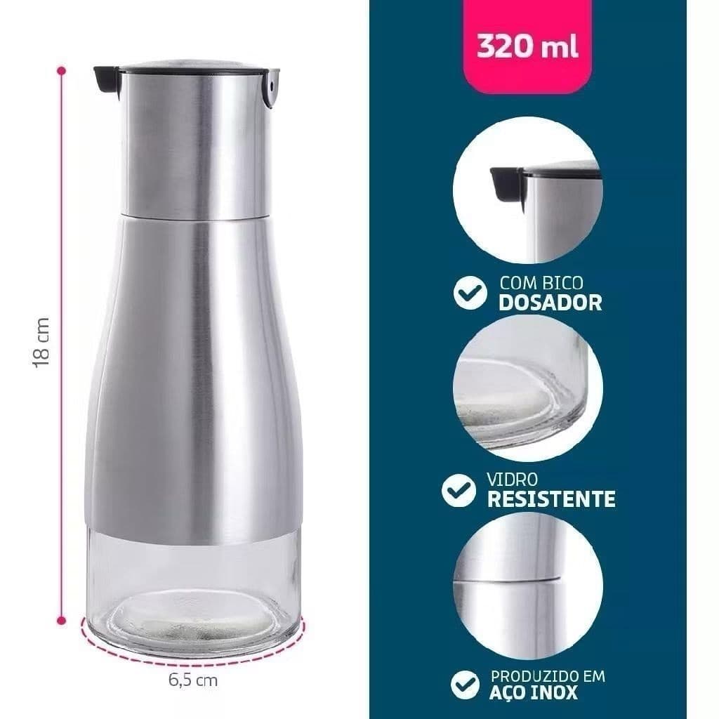 Pulverizador Com Dosador Porta Azeite Vinagre Dispenser de Óleo e Vinagre 320ml Inox e Vidro P.HQ