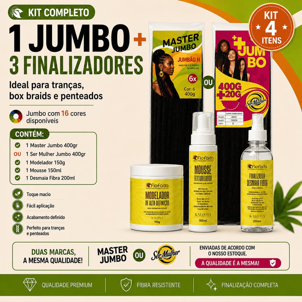 Kit Jumbo 400g + Mousse + Desmaia Fibra + Pomada Modeladora Fio de Fada