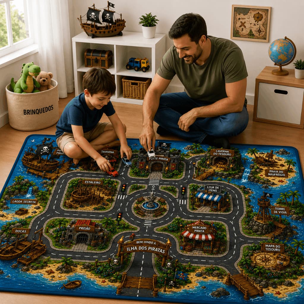 Tapete Infantil Interativo Térmico Pirata 140cm 100cm Tatame de Atividades Antiderrapante Emborrachado Quarto