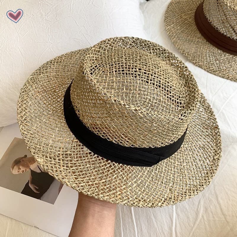 Chapéu De Sol De Palha Da Moda Feminina – Design Oco De Topo Plano Coreano Para Viagens