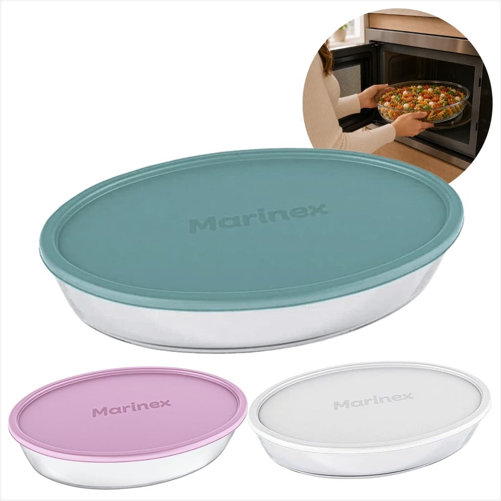 Refratário Oval Marinex 1,6 Litros com Tampa Travessa de Vidro Multiuso