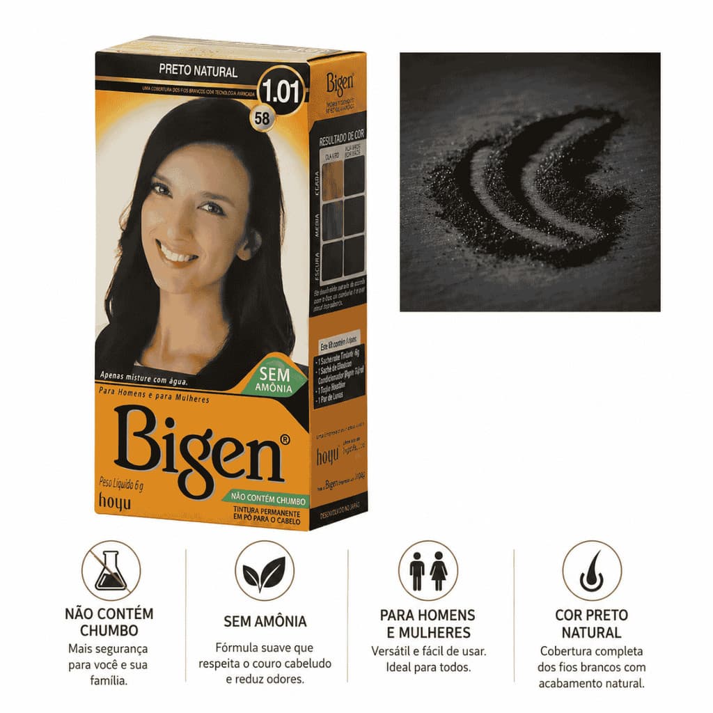 Coloração Em Pó Bigen Tinta Cabelo Sem Amônia Preto Natural  N 58