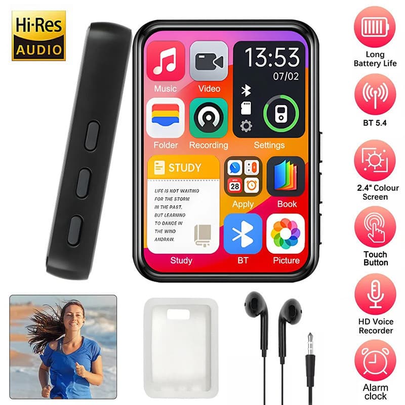 MP3 Player Touch Screen Alto-falante HiFi de 2.4 polegadas fornece som perfeito para esportes e corrida