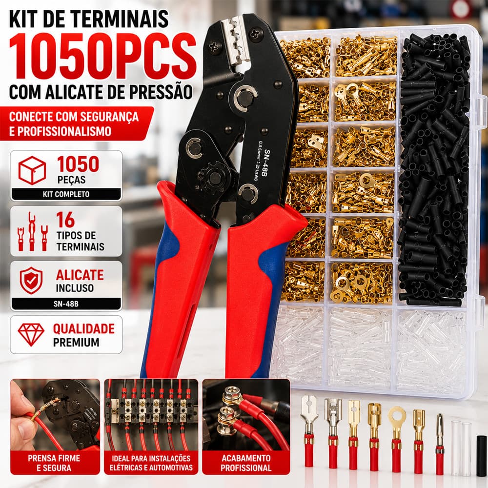 Kit 1050 Terminais Elétricos com Alicate de Crimpagem SN-48B Conectores Isolados Automotivos