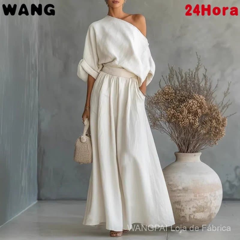 Conjunto Feminino de Duas Peças: Top Solto de Cor Sólida com Ombros Descobertos + Calças