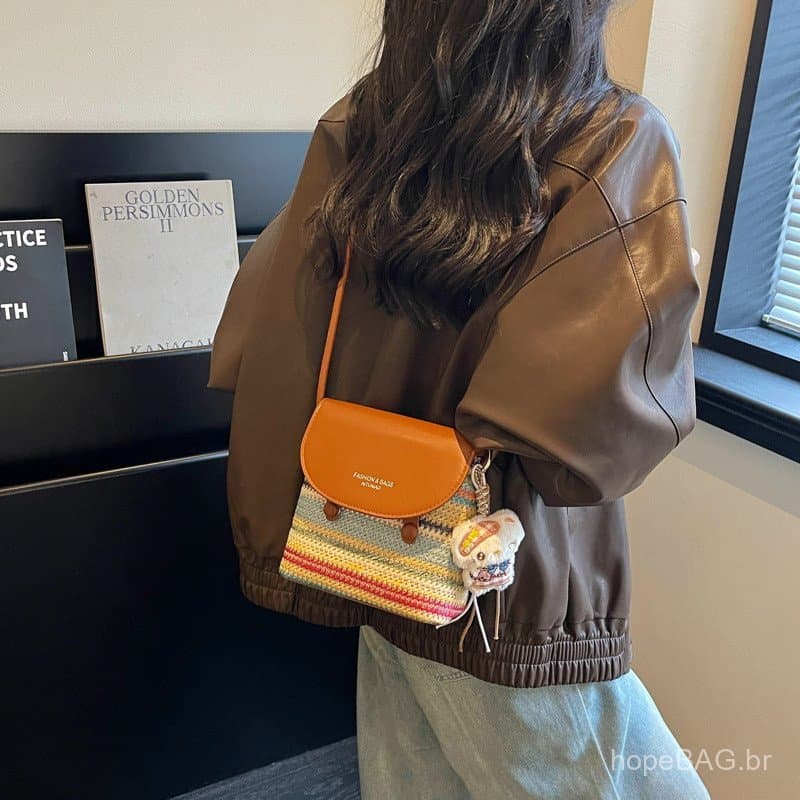 Bolsa transversal pequena de tecido com blocos de cor para férias de verão à beira-mar, nova bolsa estilo bucket 2026 co
