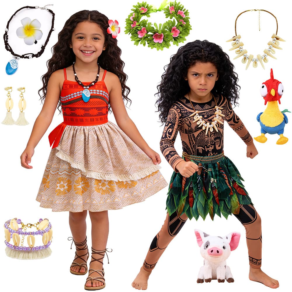 Moana Maui Traje Tribal Tatuagem Impressão Manga Longa Conjunto De Roupas Com Saia Folha Meninos Meninas Cosplay Outfit
