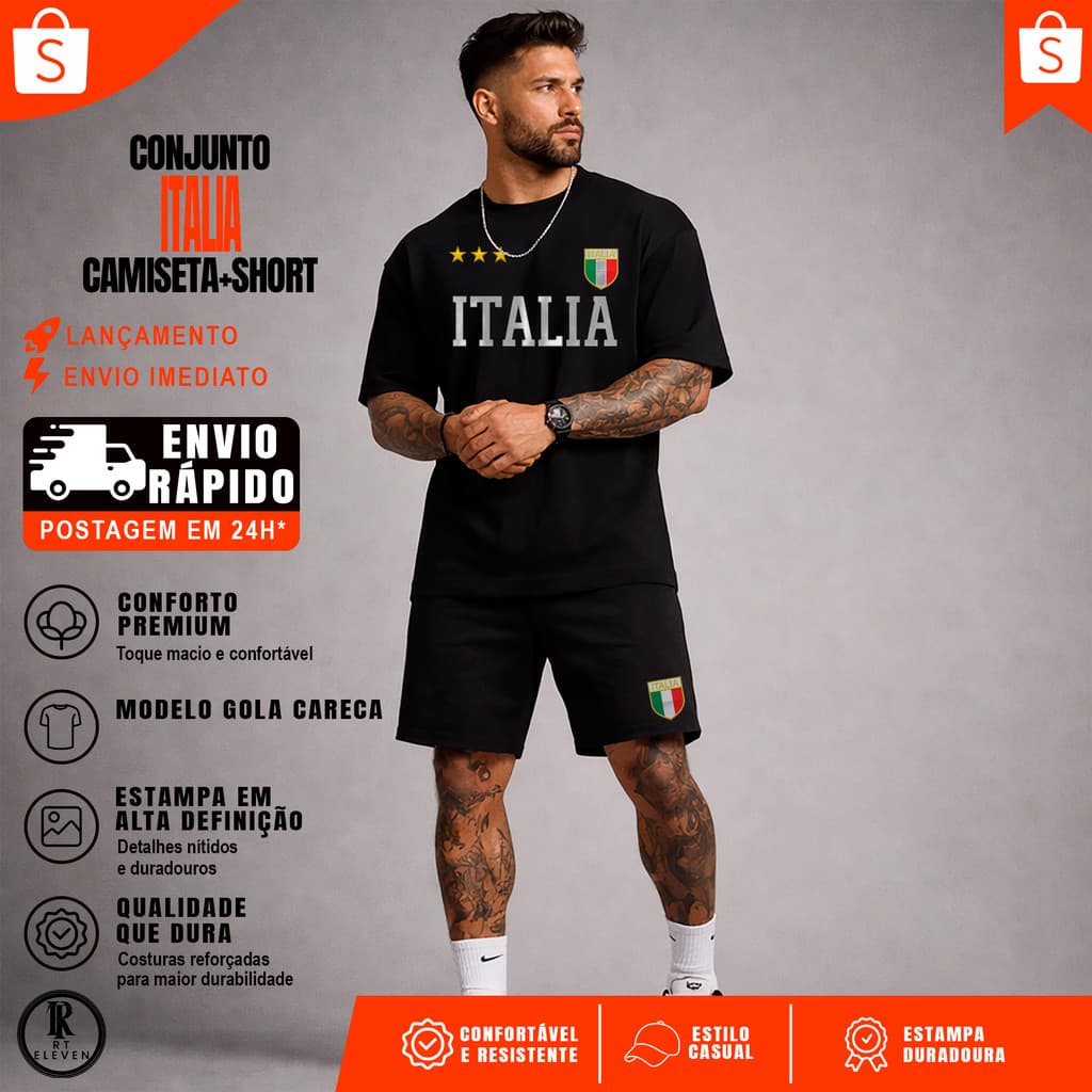 Conjunto Italia Camiseta + Short Moletom Estampado Itália Moda Street Camiseta Malha Linha Premium + Short Mauricinho RT