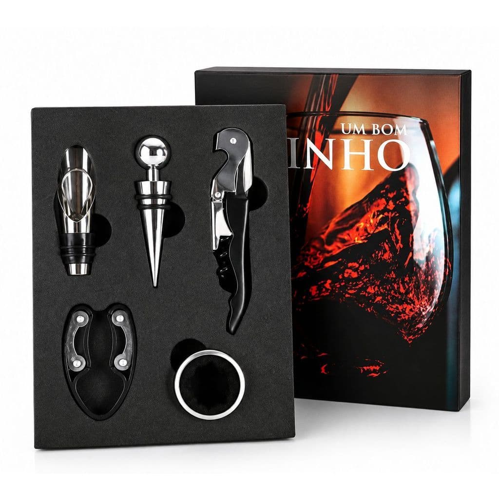 Livro Luxo Vinho Kit 5 Peças Saca Rolhas Abridor Tampa Garrafa Dosador Estojo Formato Livro Presente e Bar