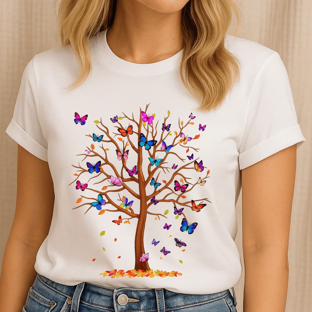 Camiseta Feminina Estampada DTF 100% Algodão Borboleta Inspiração Tendência Moda Feminina