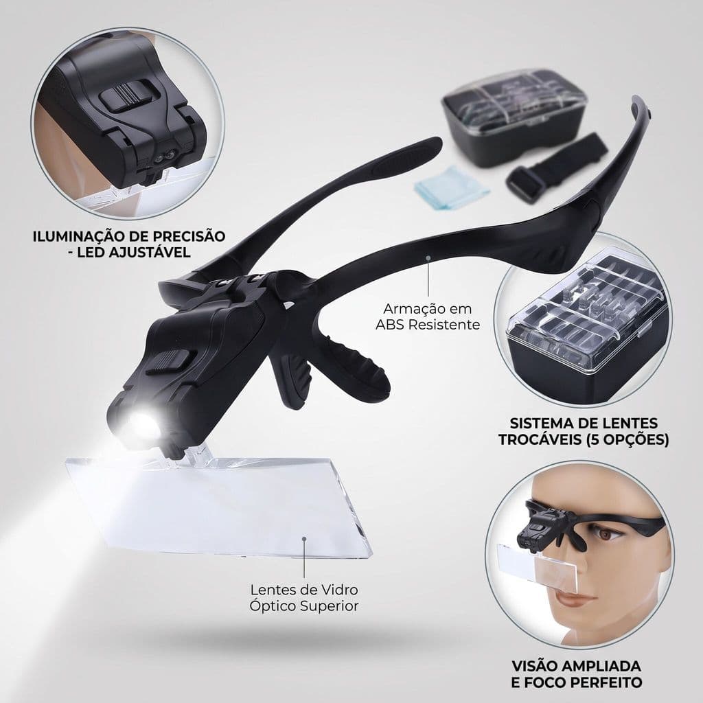 Lupa Cabeça Profissional Com Luz LED 5 Lentes Aumento Para Extensão De Cílios