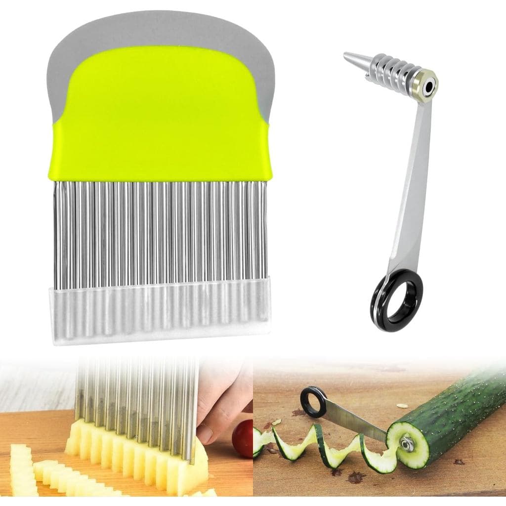 Cortador de Legumes Ondulados e Cortador de Batatas Fritas – Conjunto de Ferramentas de Aço Inoxidável para Pepino, Ceno