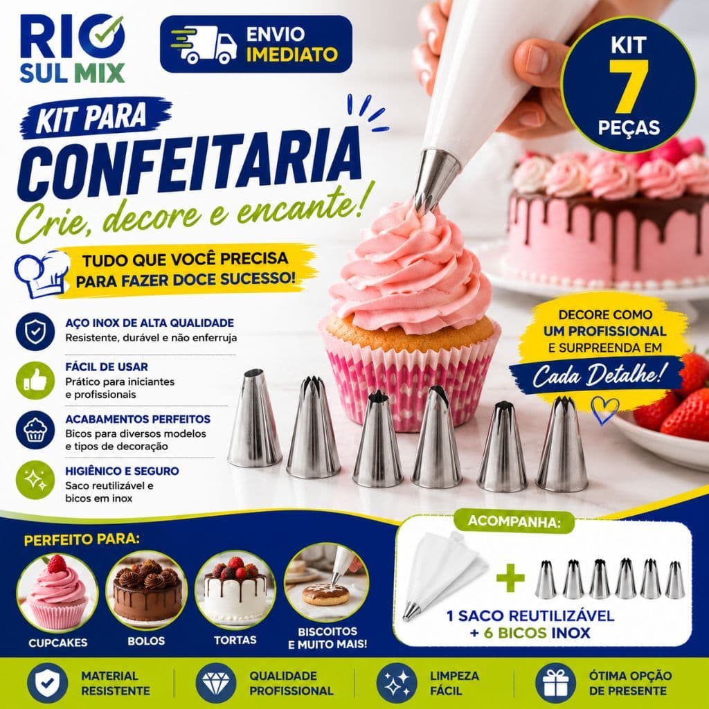 Kit Confeitaria 7 Peças Saco De Confeitar Reutilizável 6 Bicos Inox Decorar Bolos Cupcakes Tortas
