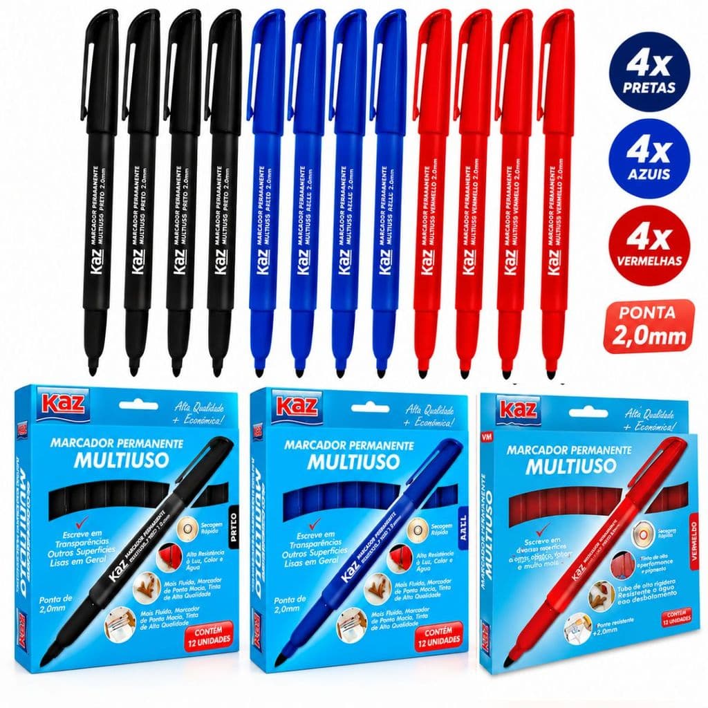 12 Canetas Pincel Marcador Tinta Permanente Ponta 2.0mm Retroprojetor