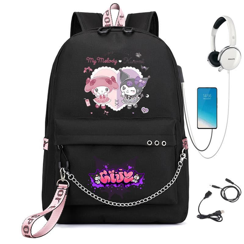 Mochila USB Kuromi, Proteção para a Coluna, Leve, Mochila Escolar Casual, Mochila de Lona em Cor Sólida para Estudantes