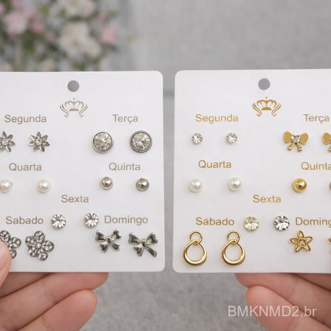 Kit 2 Cartelas 7 Pares Brinco Semana Feminino Cada Dia Pedrinha  Argola