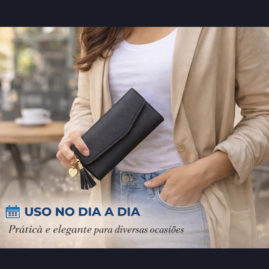 Carteira Feminina Elegante Slim com Pingente e Fecho Envelope