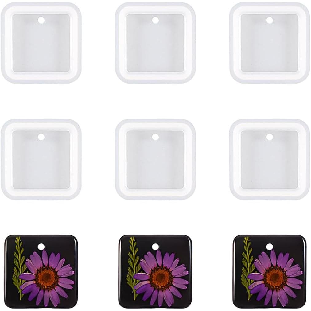 6 Moldes de Resina Quadrados para Chaveiros, Moldes de Silicone Quadrados para Fundição com Furo para Artesanato DIY, Jo