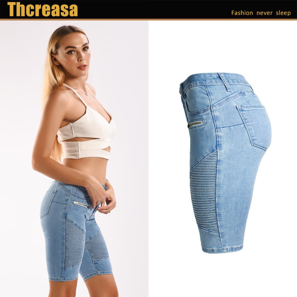 [Novo produto] Calça Jeans feminina elástica de cor clara e comprimento médio, calça Jeans recortada feminina [estilo ma