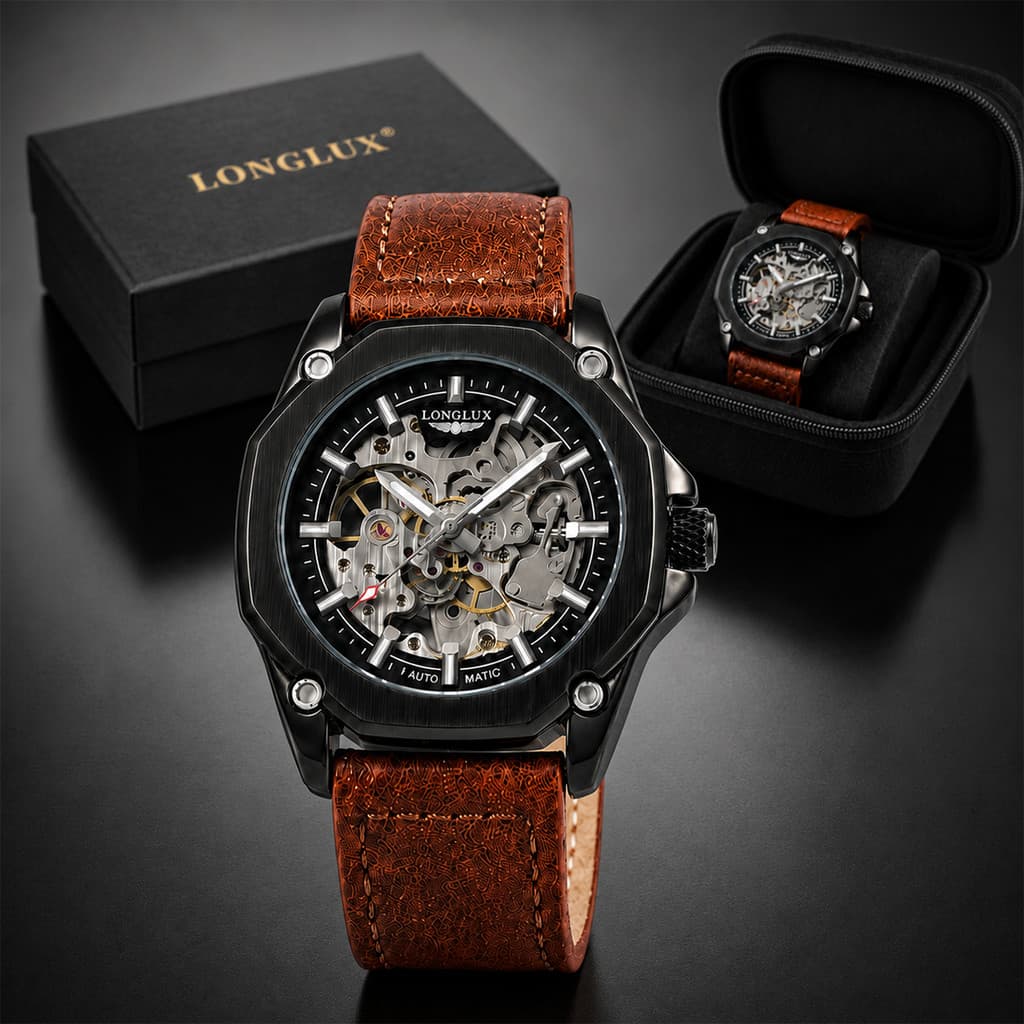 Relógio Automático Masculino Skeleton Pulseira Couro 45mm