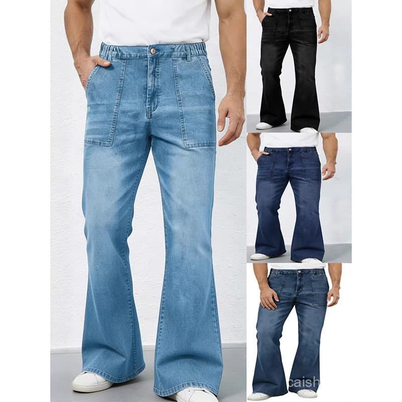Calças Jeans Masculinas com Cintura Elástica, Perna Larga, Estilo Casual Vintage MEYN