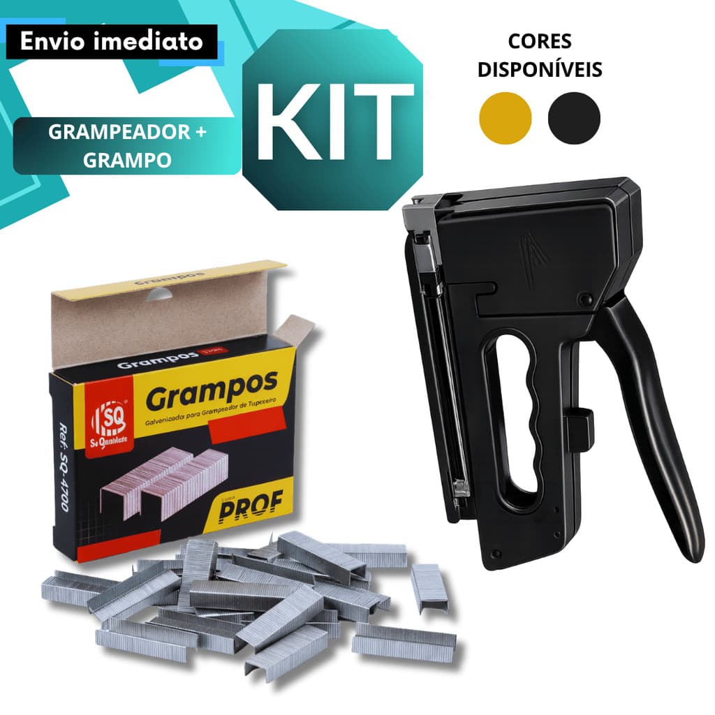 KIT Grampeador Tapeceiro Amarelo/Preto + Grampos 8mm Tipo Rocama Aço Galvanizado