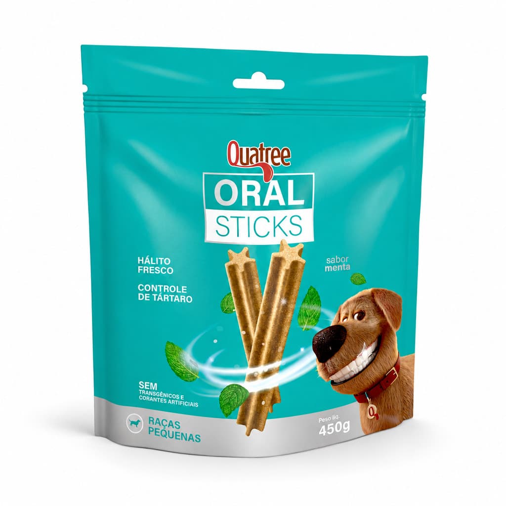 Petisco Dental Quatree Oral Sticks 450g Cães Raças Pequenas Menta  Antitártaro Hálito Fresco
