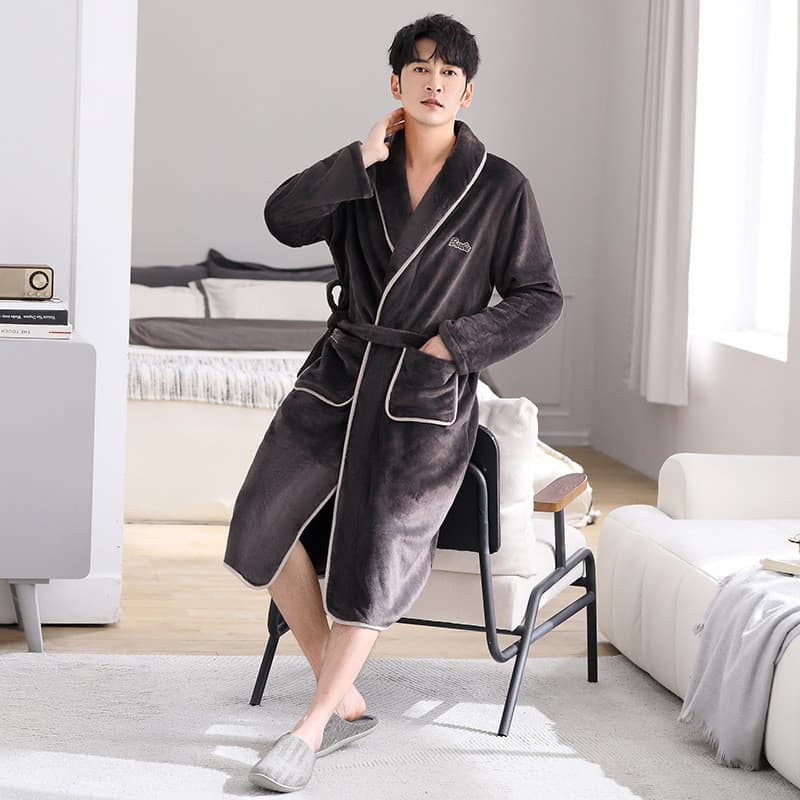[Novo produto] Camisola masculina outono inverno forro de lã engrossado pijama de flanela de comprimento médio masculino