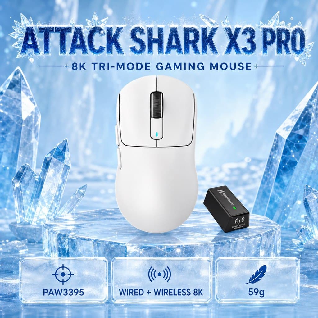 Mouse Para Jogos Attack Shark X3 PRO Tri-Mode 8K Com Taxa De Pesquisa 59g Sensor Leve PAW3395 26000DPI 650IPS OMRON Inte
