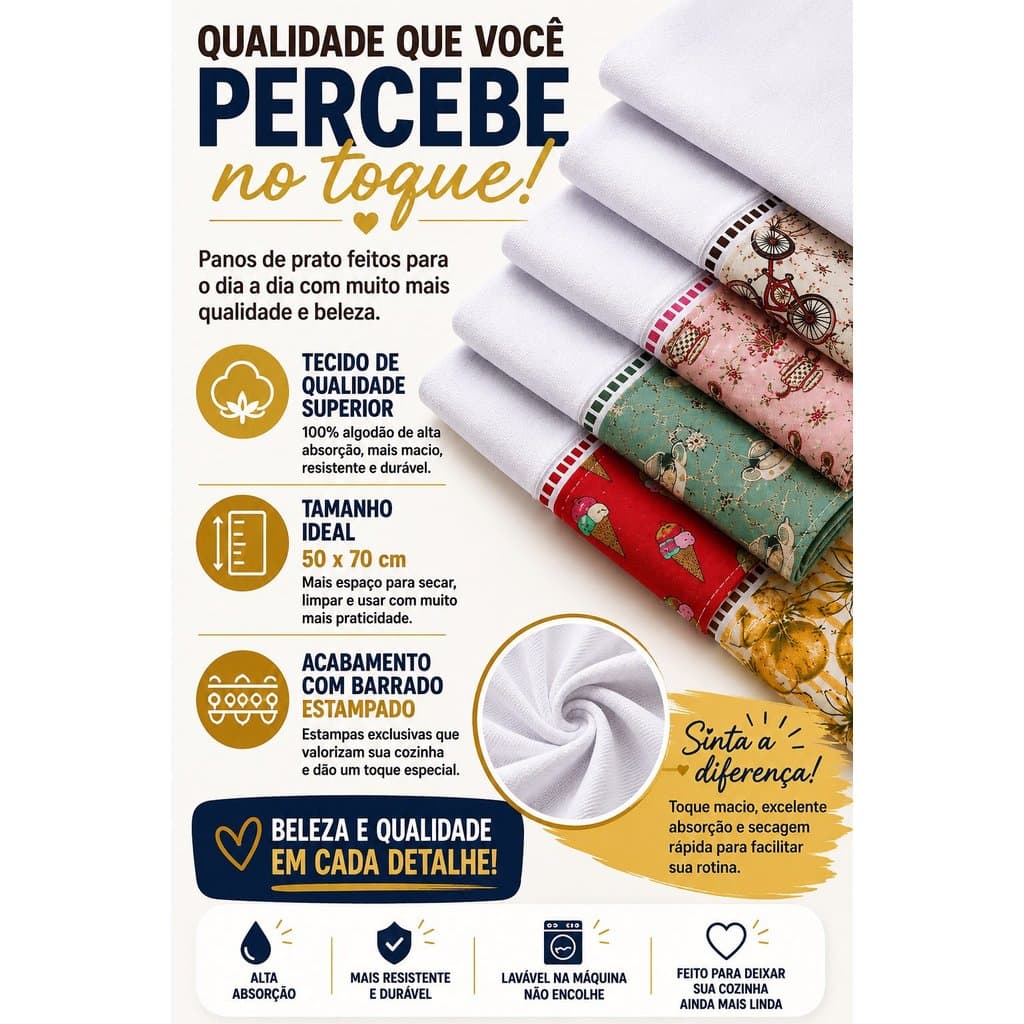 Pano De Prato Barrado Atacado Premium Kit Com 10 Peças Premium Tamnho Grande 50x70 Estampas Exclusivas