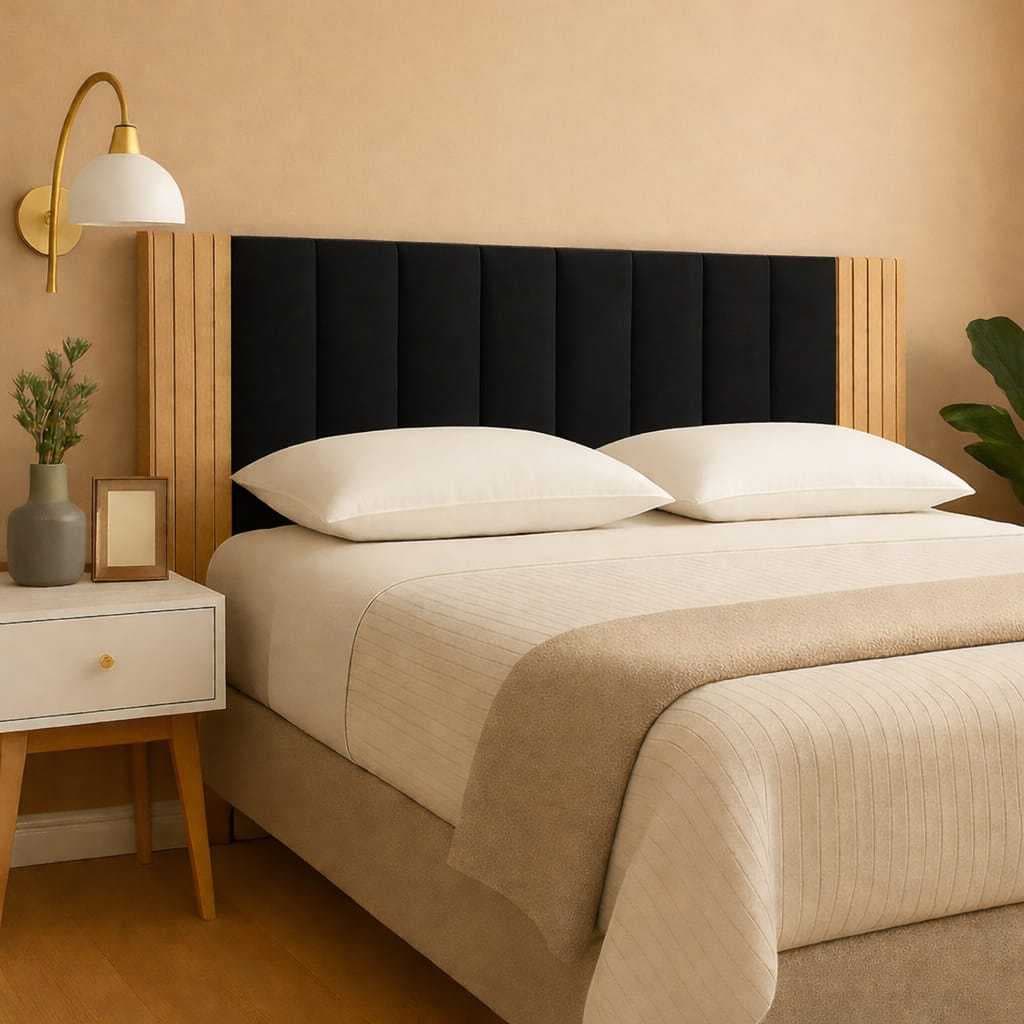 Kit Cabeceira Estofada com Painel Ripado MDF Autocolante | Solteiro, Casal, Queen e King