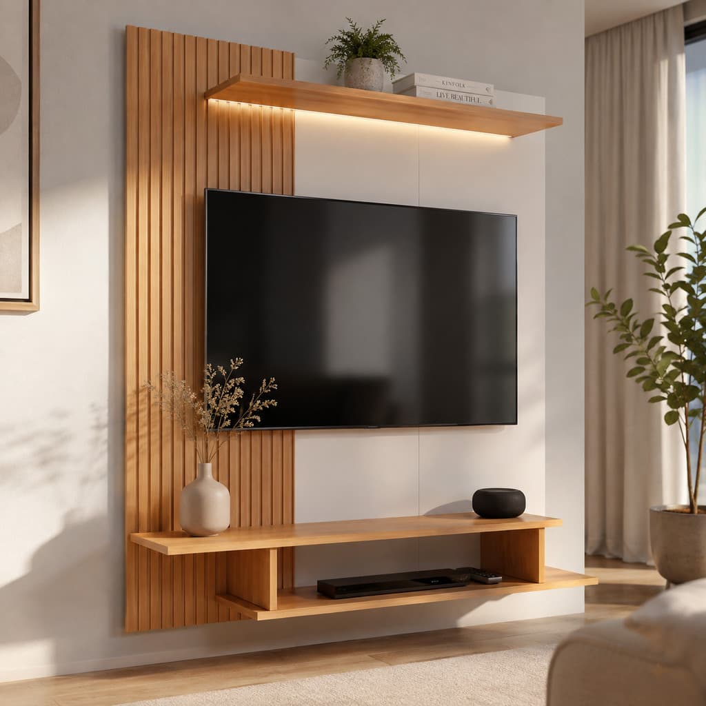 Painel Ripado para Tv até 43 Polegadas Prateleira Nicho para Quarto Moderno Decorativo