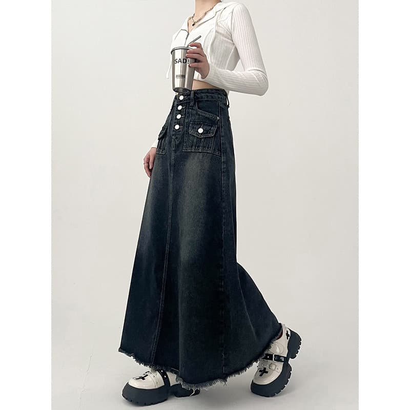 [Novos produtos] Design saia jeans saia feminina outono saia longa linha saia cintura alta Retro guarda-chuva saia de co