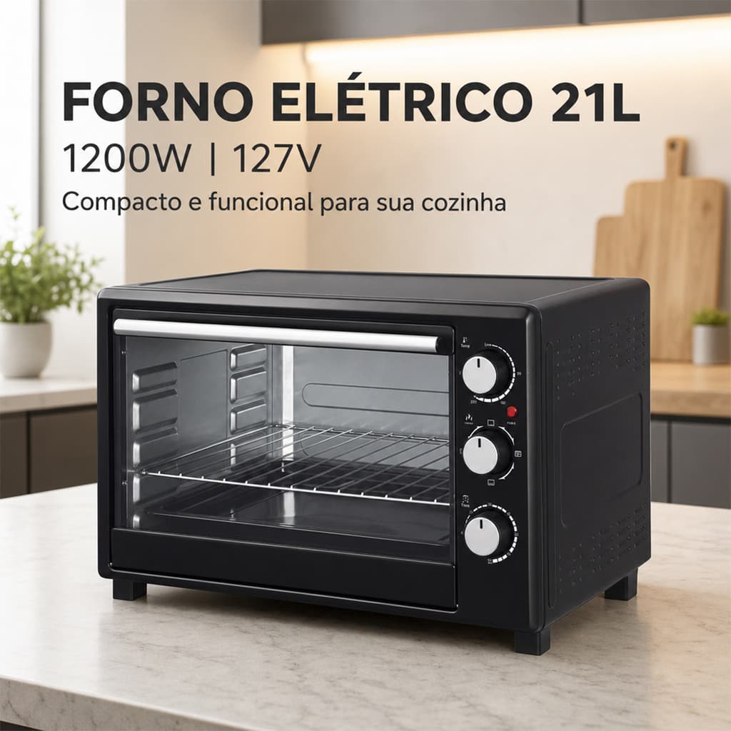 Mini Forno de Bancada Elétrico Sem Óleo Para Assar Pães e Salgados 21L 1200W 110V Porta de Vidro e Grade e Bandeja