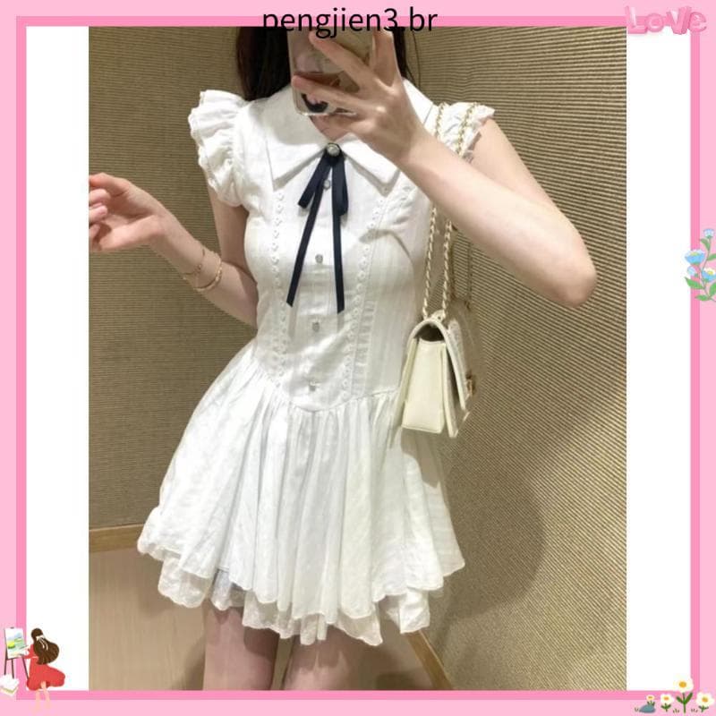 Novo produto quente verão senhoras pequena manga voadora vestido de princesa lapela Pettiskirt pequeno vestido branco do