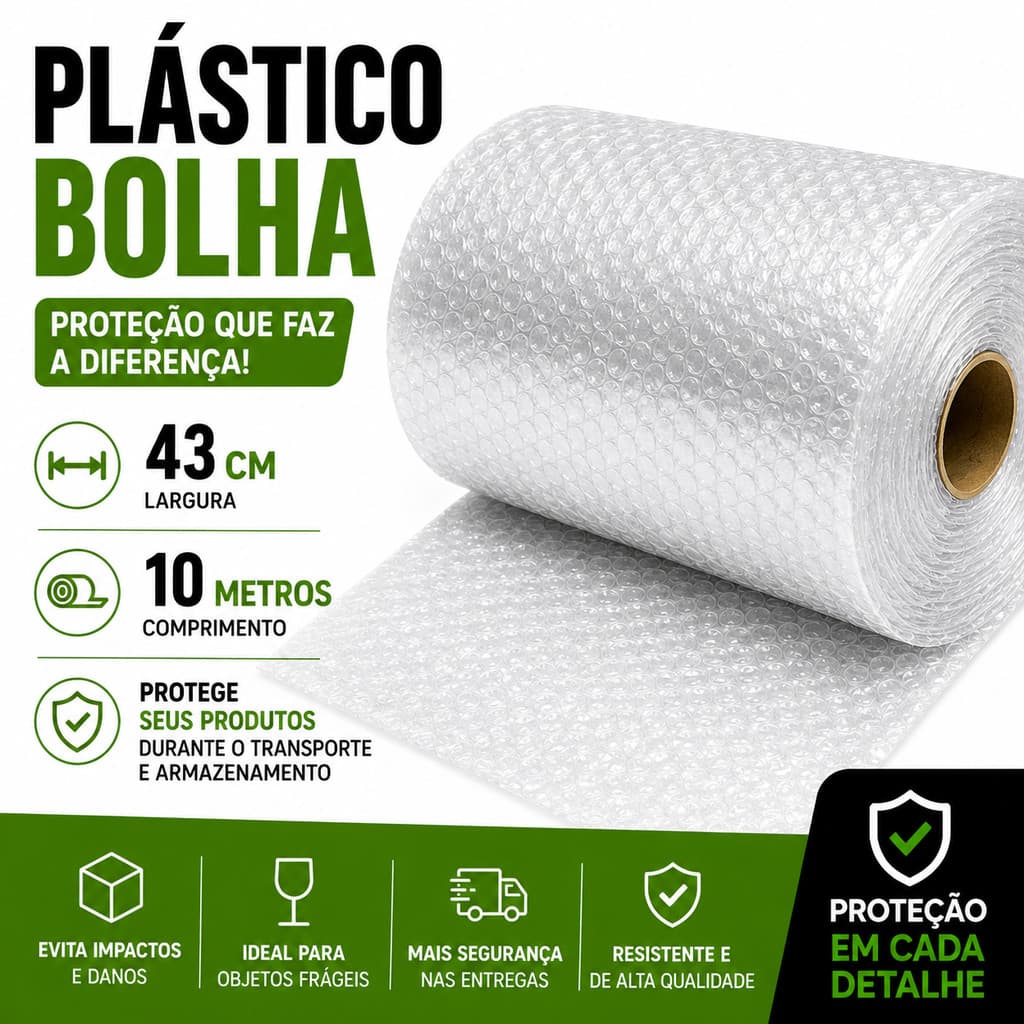 Plástico Bolha 43cm x 10 Metros Para Embalagem Proteção Mudanças Envio Objetos Frágeis